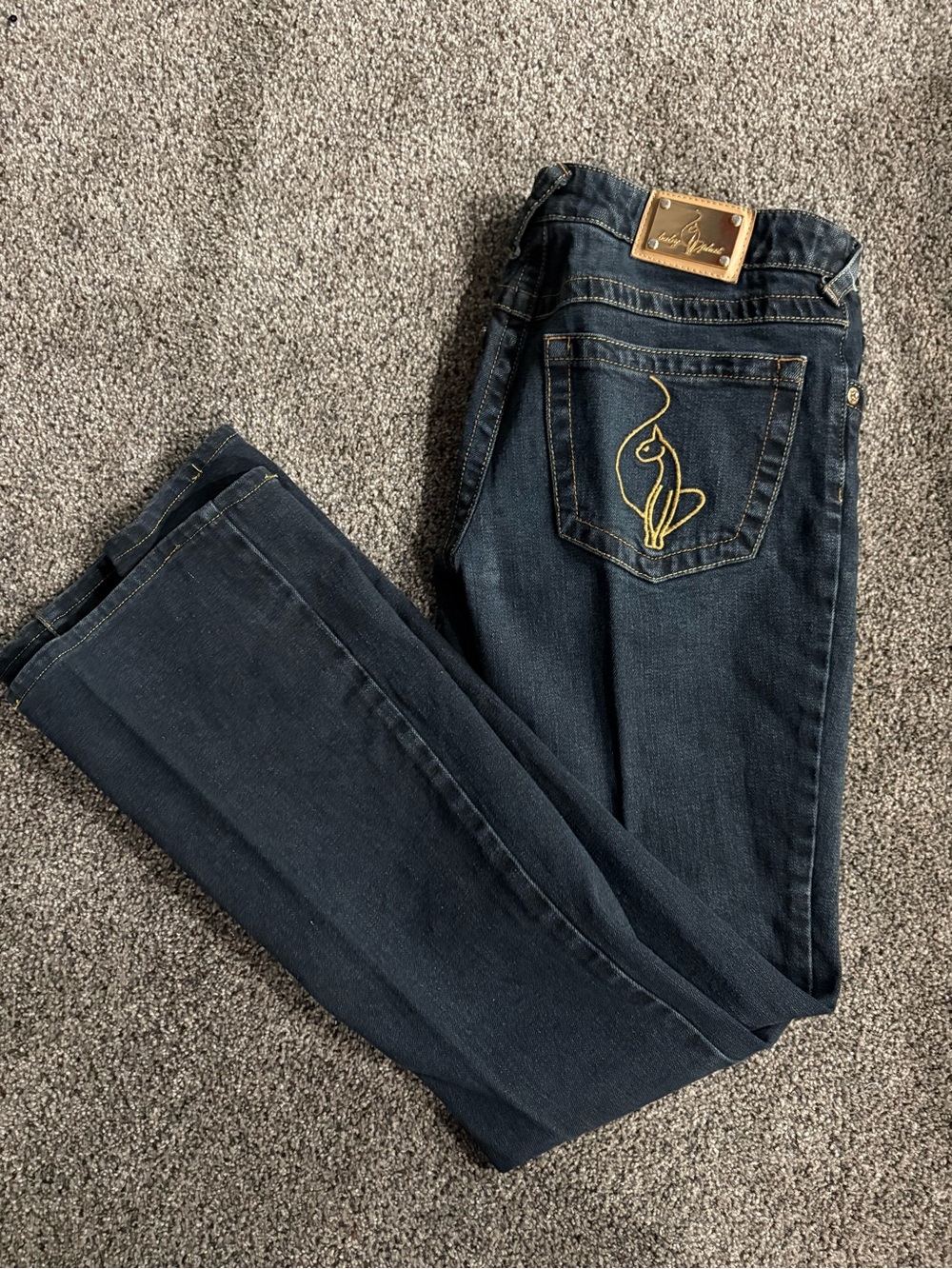 Y2K Vintage Baby Phat Women's Dark Blue Wide-Leg Jeans with Gold Embroidery